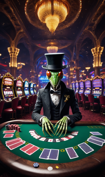 Mantis with top hat inside casino